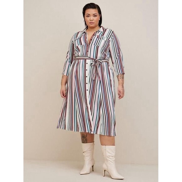 Torrid Midi Stretch Challis Button Shirt Dress Striped Womens Plus Sz 4 (4X /26) - Picture 2 of 16